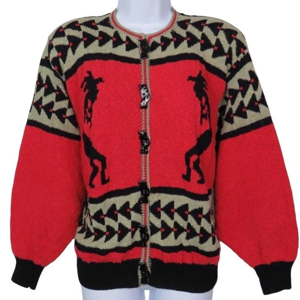Vintage Felizzi! Women's‎ M Kokopelli Hand Loomed Cotton Cardigan Sweater Red